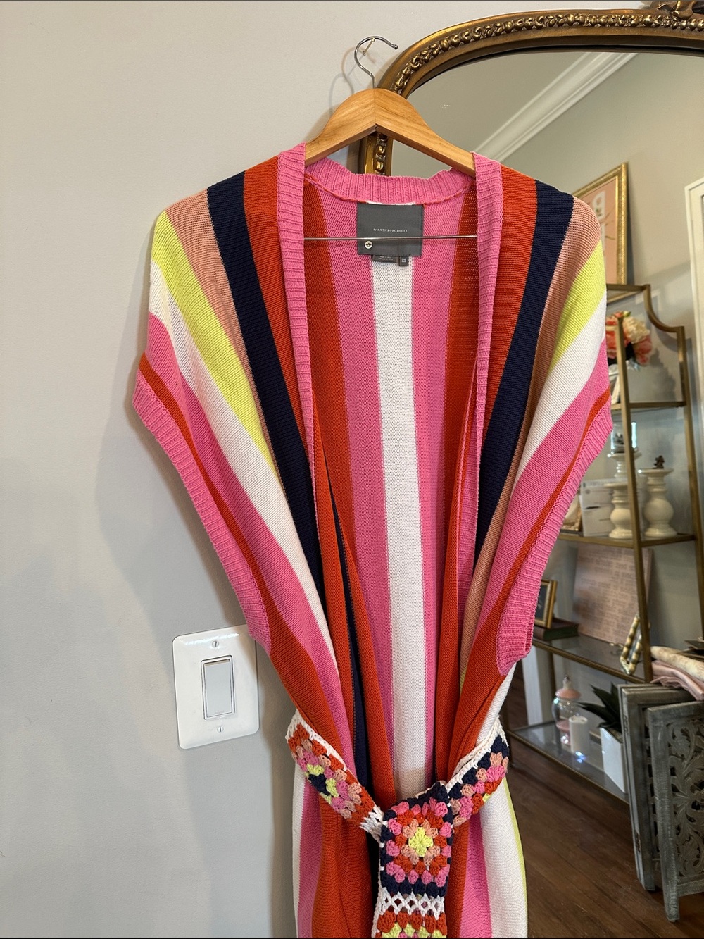 Striped Knit Duster with Crochet Belt - Multicolor